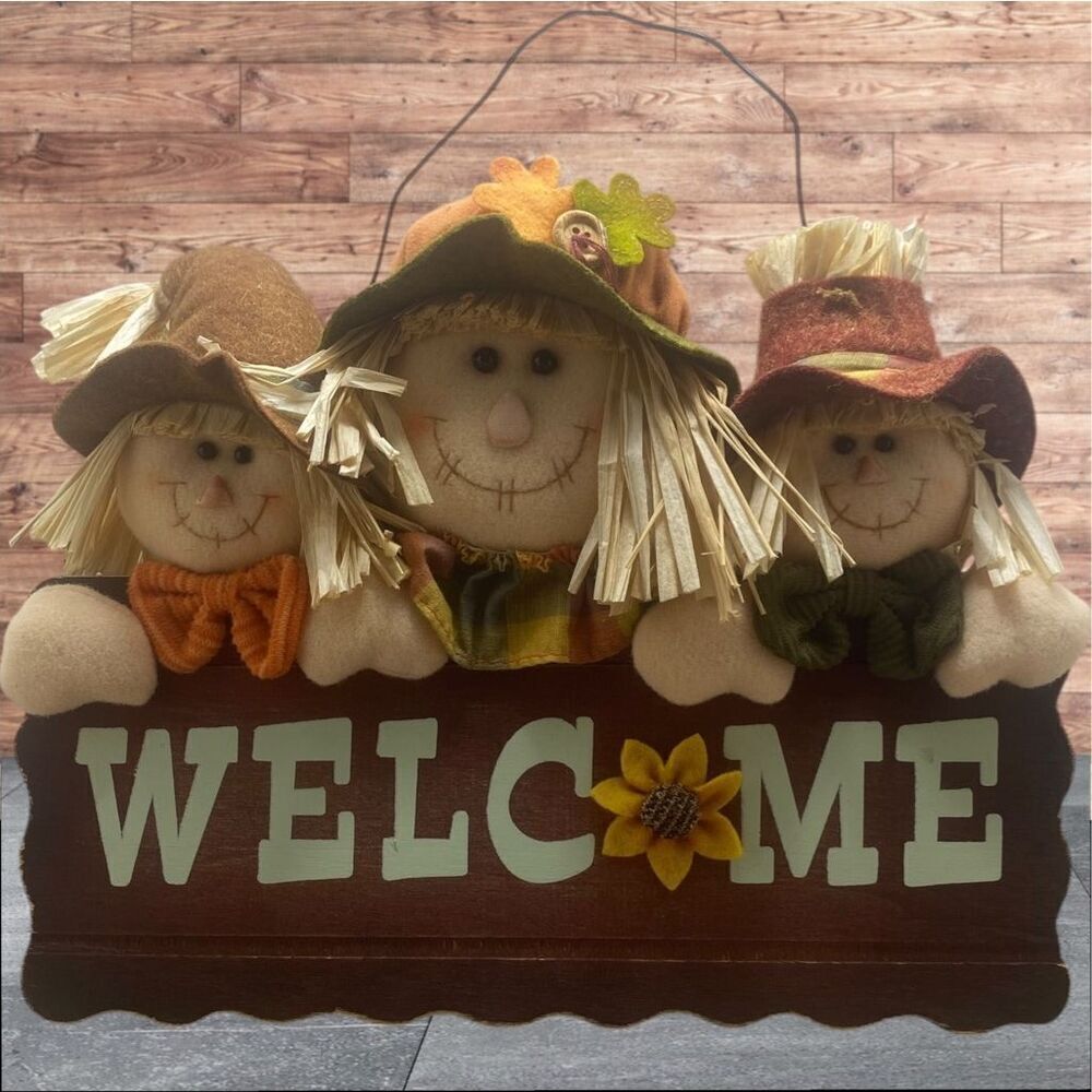 Fall Harvest Scarecrow Welcome Sign Rustic Farmhouse Autumn Thanksgiving Door De